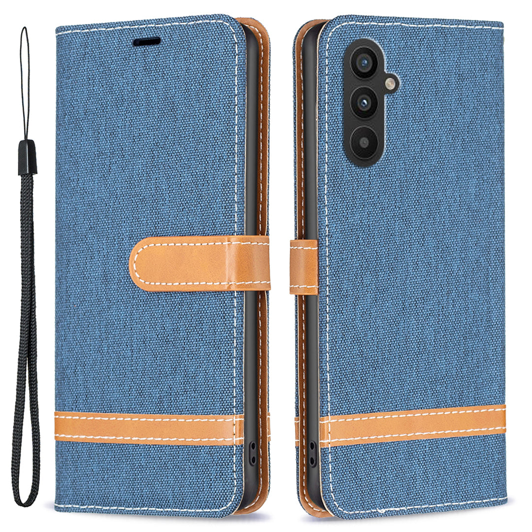 Til Samsung Galaxy A25 5G telefon læderetui jeans stof splejsning telefoncover med pungholder Til Samsung Galaxy A25 5G telefon læderetui jeans stof splejsning telefoncover med pungholder